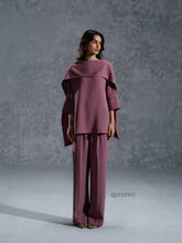 YEZWE mauve two-piece Co-Ord Set with wide-leg pants and a loose, draped top